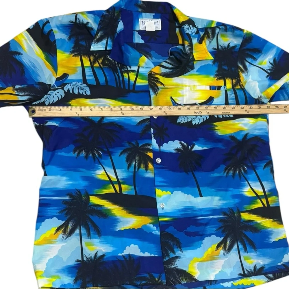 VTG Kai Nani Hawaiian Button Up Shirt Blue Palm Trees Sailboat Sunset Aloha 3XL‎